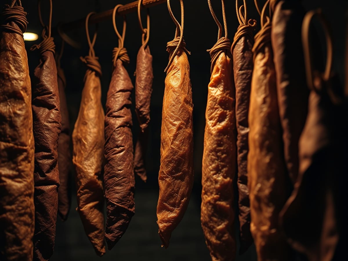 House-cured meats hanging in the curing room
