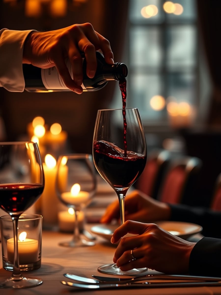 Red wine being poured at a candlelit table at Savoro